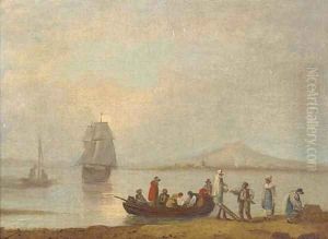 Figures disembarking from a ferry by Thomas Luny