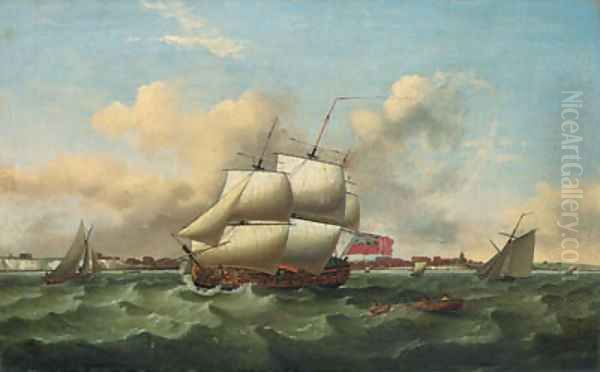 A Man-o'-War and other shipping, in a heavy swell off the South Coast - view 1