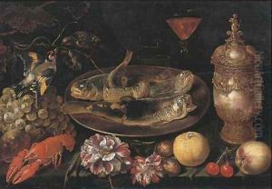 Trouts on a silver platter, a facon de Venise wine glass by Ernest De Lairesse