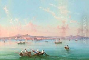Hauling in the nets in the Bay of Naples, Vesuvius beyond