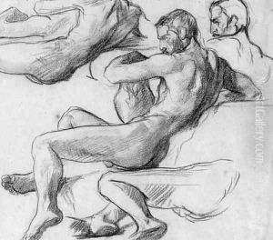 A reclining nude holding an urn, with subsidiary studies of his head, torso and legs A reclining nude holding an urn, with subsidiary studies of his head, torso and legs