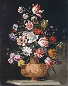 Tulips, roses and carnations and a narcissus in a sculped urn on a stone ledge by Bartolomeo Ligozzi