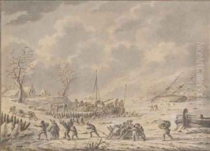 A winter landscape with figures unloading goods from a boat, with a shipwreck in a frozen river beyond by Dirck Langendijk