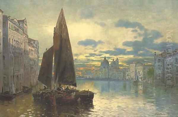 Trading vessels on the Grand Canal at dusk - view 1