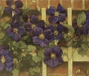 Clematis tegen hekwerk flowering Clematis by Jacobus Van Looy