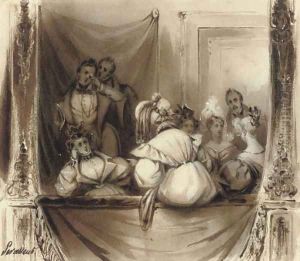 An elegant company in a theatre box by Henri-Louis Levasseur
