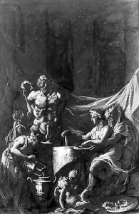 A bacchanal with nymphs, satyrs and putti before an herm by Louis-Felix De Larue