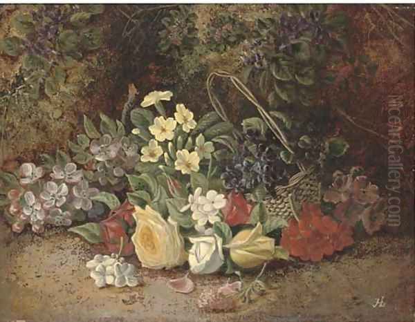 Summer flowers in a wicker basket, on a mossy bank - view 1