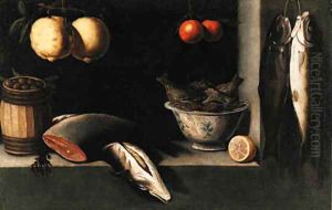 Lemons, oranges, a barrel of olives, salmon and a bowl of fish in a niche by Alejandro De Loarte