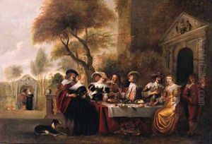 Elegant company at a table on a terrace by a classical portico