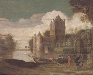 A landscape with a moated castle and gentlemen conversing by a boat