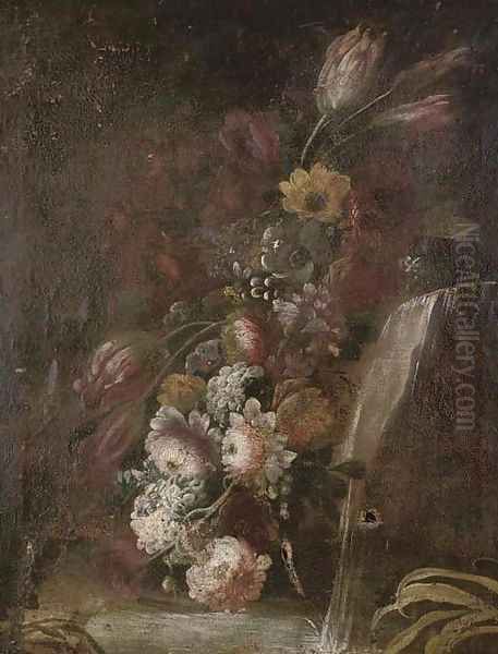 Flowers by a waterfall in a garden - view 1