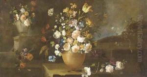 Roses, parrot tulips, daffodils, carnations and other flowers in urns on a ledge