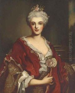 Portrait of a lady, half-length, in a red shawl and pearl head-dress by Nicolas de Largilliere