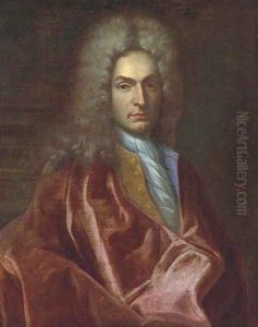 Portrait of a gentleman, half-length, wearing a red velvet cloak and white cravat
