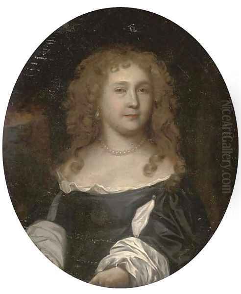 Portrait of a lady, bust-length, in a black dress with slashed sleeves, wearing a pearl necklace and earrings - view 1
