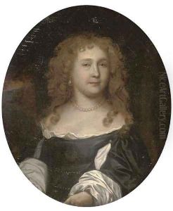 Portrait of a lady, bust-length, in a black dress with slashed sleeves, wearing a pearl necklace and earrings by Nicolas de Largilliere