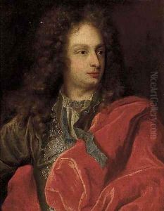 Portrait of a gentleman, half-length, in a grey coat with a red cloak by Nicolas de Largilliere
