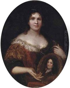 Portrait of a lady, half-length, in a red and gold dress with white lace trim by Nicolas de Largilliere