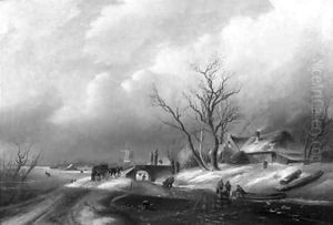 A winter landscape with figures on a frozen waterway by Charles Henri Leickert