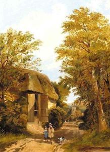 Figures on a track by a barn, a village beyond by Frederick Richard Lee, R.A.