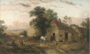 A hay cart and figures outside a farm; and At the village pump A hay cart and figures outside a farm; and At the village pump