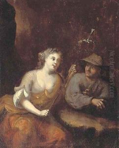 Lady as a shepherdess with a peasant in a rocky gorge by Jacob van Loo