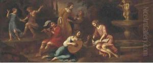 Elegant company making music in a classical landscape by Jacob van Loo