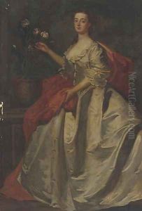 Portrait of Mary, wife of Edward Howard, 9th Duke of Norfolk, full-length, in a pale blue dress and red wrap by James Latham