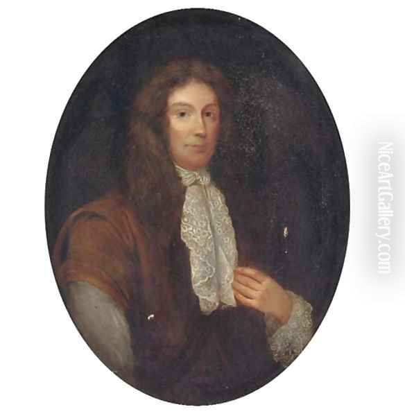 Portrait of a gentleman, bust-length, in a brown cloak and lace cravat, painted oval - view 1