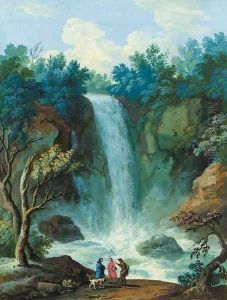 Figures and a dog standing before a waterfall