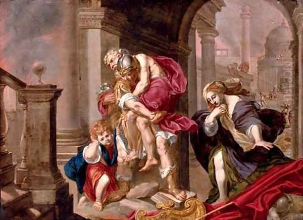 Aeneas carrying his father Anchises from the burning Troy with Ascanius and Creusa - view 1