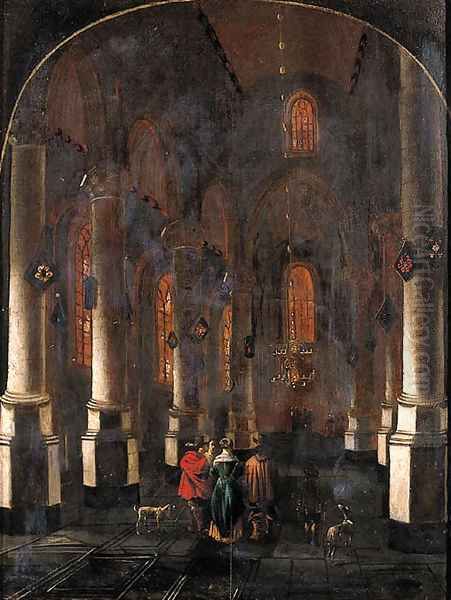 A view in a Gothic Church, with elegant townsfolk in the aisle - view 1