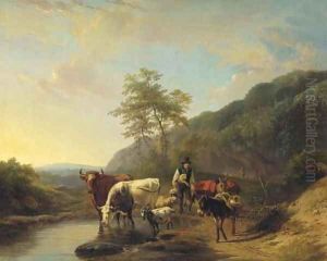 A shepherd and his flock in an Italianate landscape