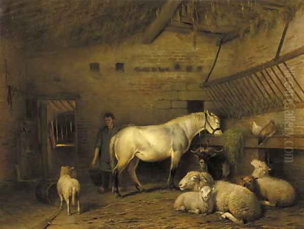 A groom tending a horse in a barn - view 1
