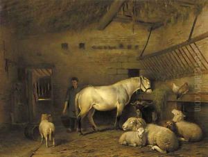 A groom tending a horse in a barn by Frans Lebret