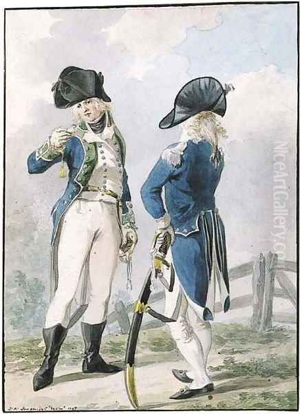 Two officers conversing by a fence - view 1
