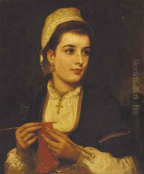 A young lady knitting in an interior - view 1
