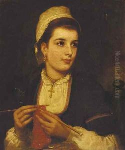 A young lady knitting in an interior by Charles Sillem Lidderdale