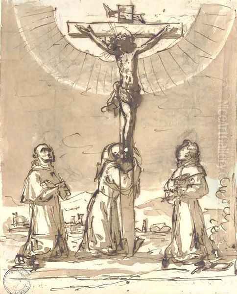 Christ on the Cross adored by three Franciscan monks - view 1
