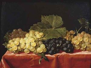 Red and white grapes on a draped table by Paul Liegeois