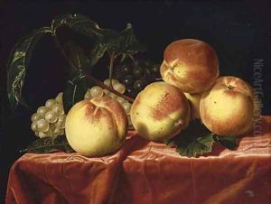 Peaches and grapes on a draped table by Paul Liegeois