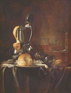 A pewter jug and cover with a peeled lemon by Simon Luttichuys