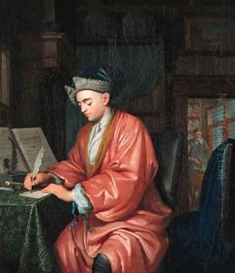 A doctor working in his study, an assistant preparing medicine beyond