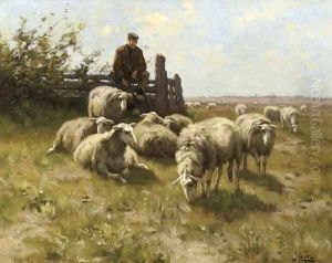A shepherd with his flock resting on the heath by Johannes Karel Leurs