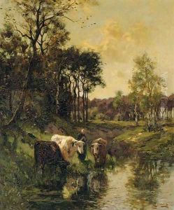 Watering cows by a forest by Johannes Karel Leurs