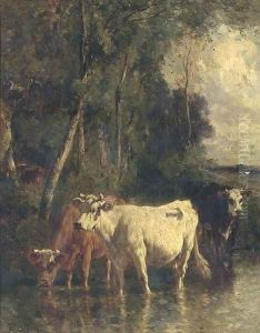 Cattle at the river by Emile Van Marcke De Lumman