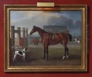 The Bay Hunter Gillingham 
Outside The Quorn Kennels With Huntsman George Montford And Whips W. 
Darby And T. Ball