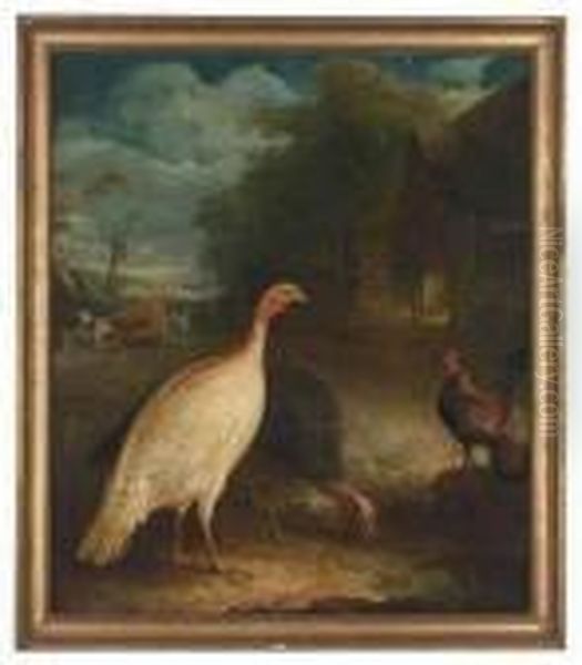 Poultry And Cattle In A Farmyard At Twilight - view 1