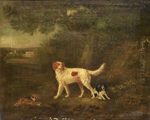 A Red And White Setter With 
Other Dogs In A Landscape, With A View Of Staunton Harold In The 
Distance